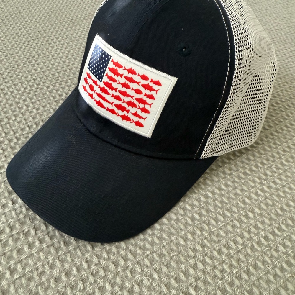 Black and White Trucker Hat with Fish Flag Patch